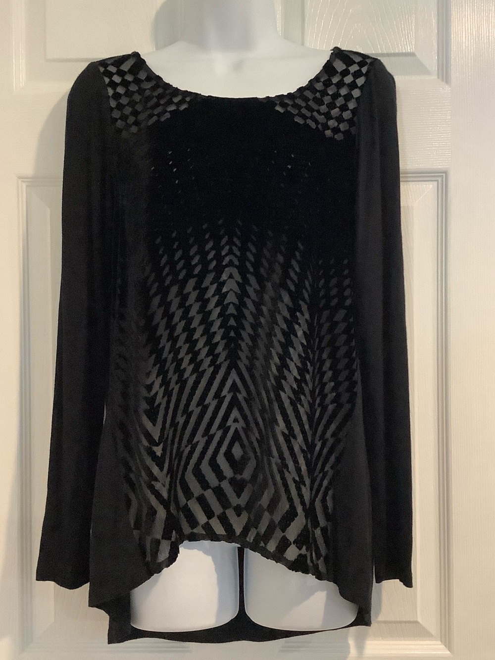ELLA MOSS Black Silk Blend Velvet Geometric Sheer Stretchy Wide Neck Fall Top M